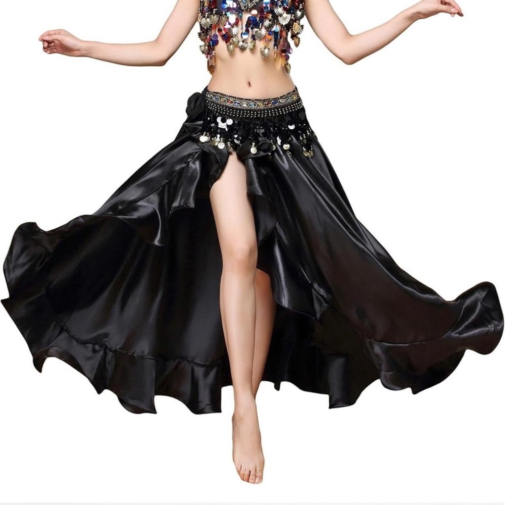 Black satin belly dance skirt with ruffles